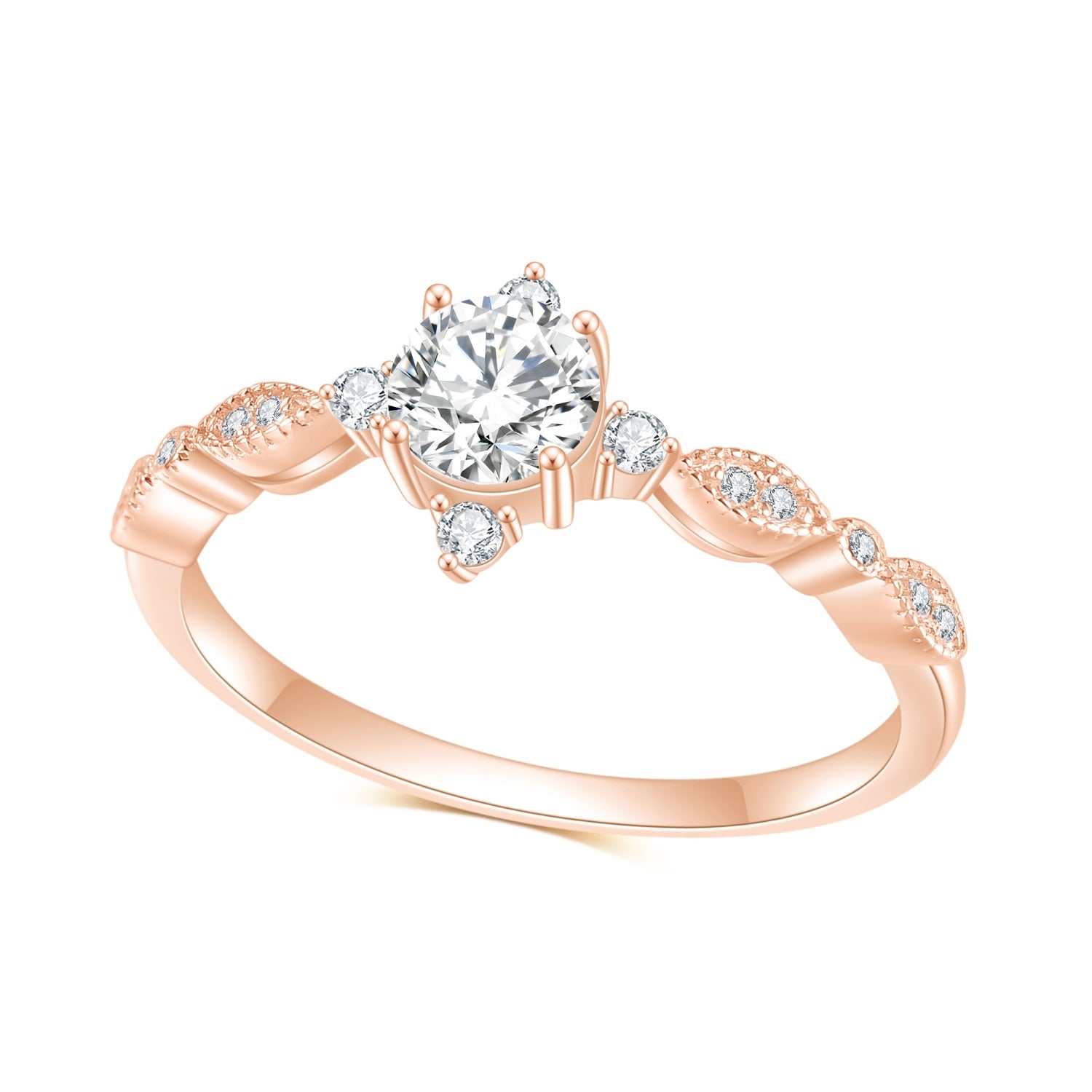 A rose gold vintage inspired engagement ring set with a round moissanite and 4 small zircons on all four sides.